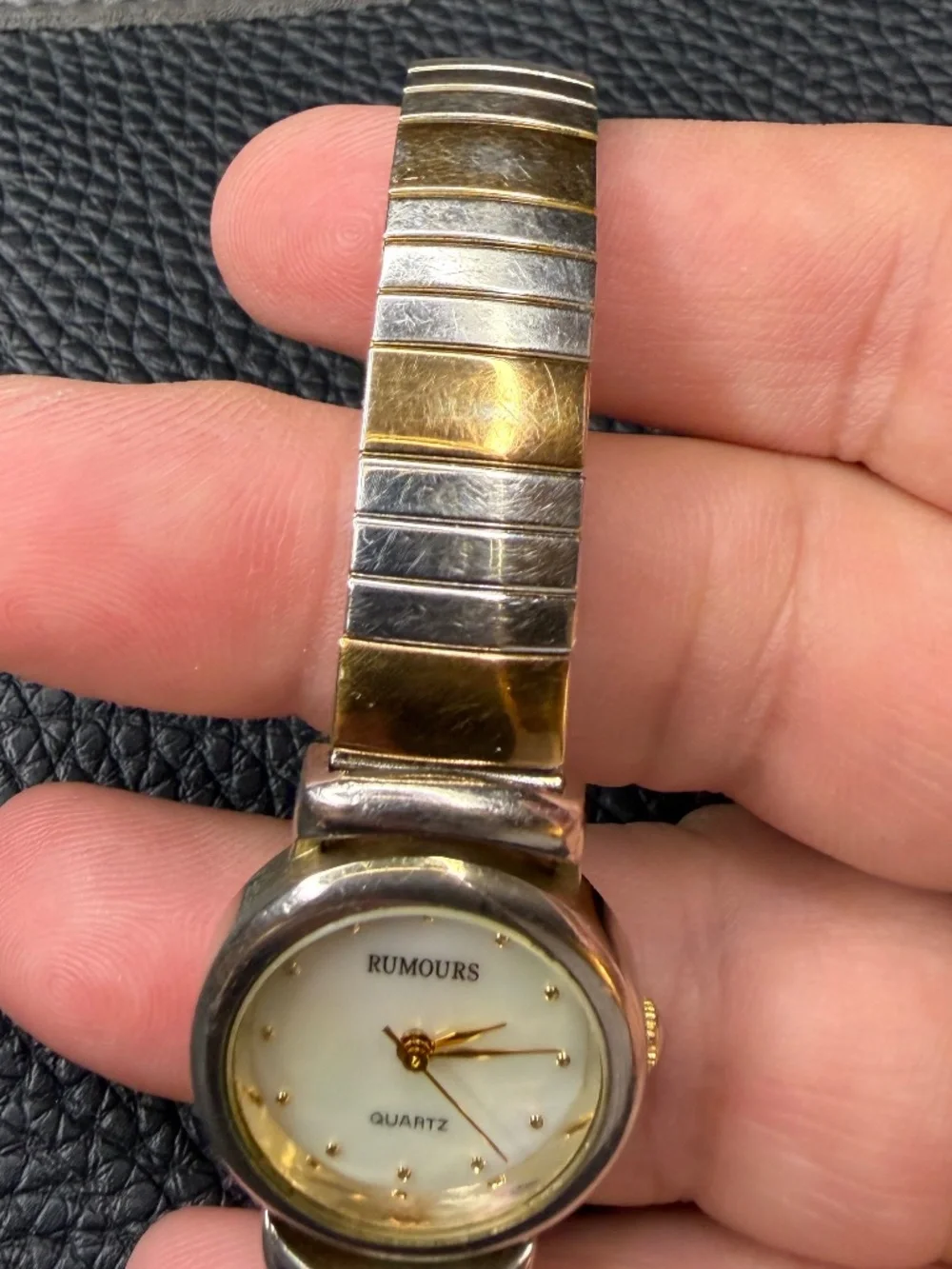 VTG Rumours Two Tone Stainless Steel Stretch Mother of Pearl Quartz Watch 6.5
